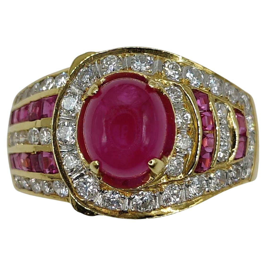 2.52 Carat Ruby Cabochon & Diamond Men's Ring in Yellow Gold For Sale