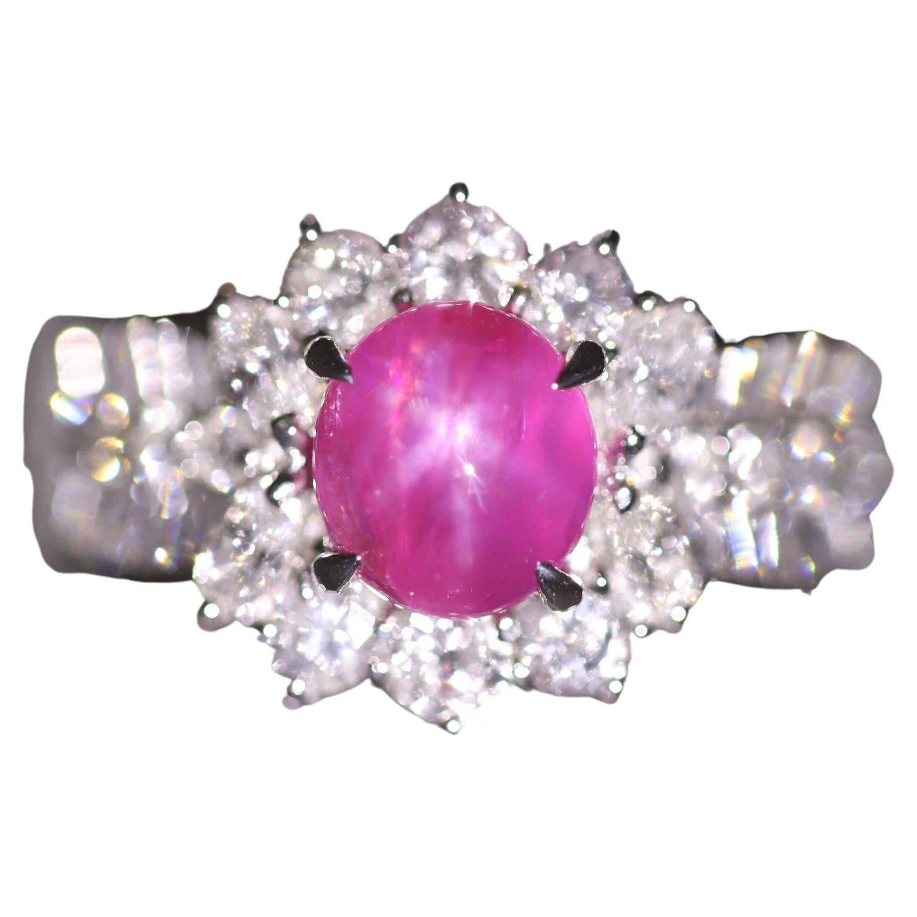 2.52 Carat Star Ruby Diamond Platinum Ring For Sale