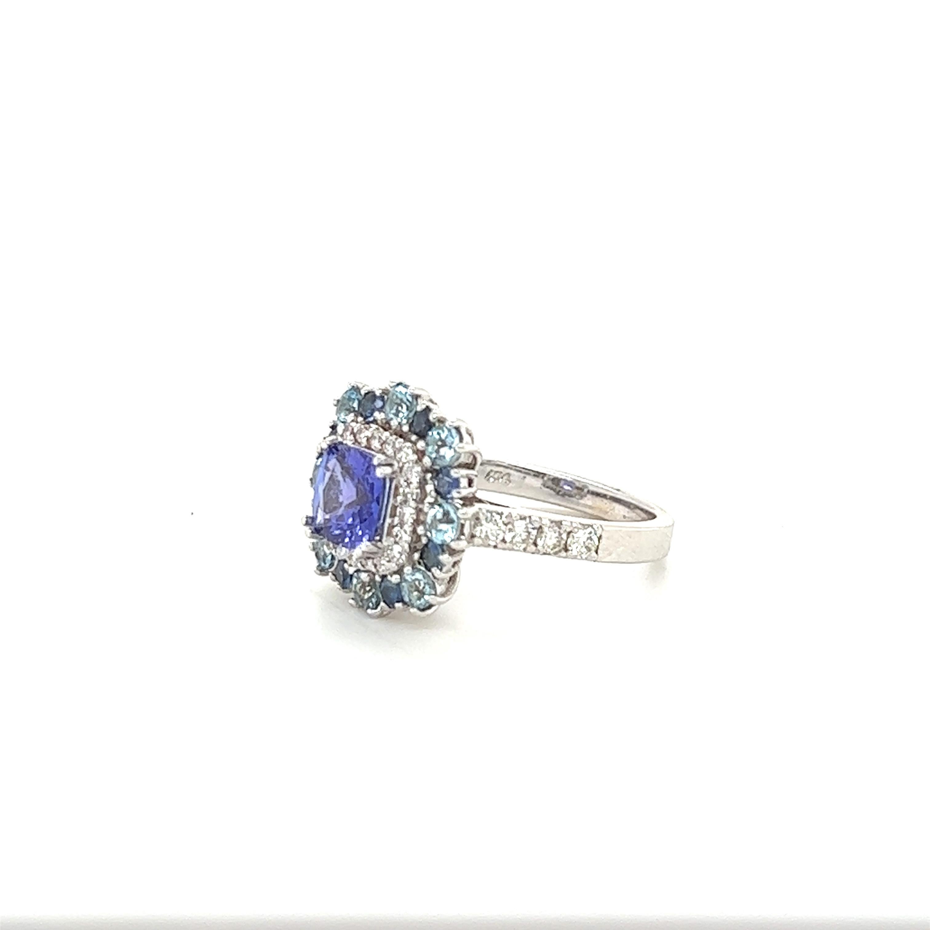 Contemporary 2.52 Carat Tanzanite Aquamarine Blue Sapphire Diamond 14 Karat White Gold Ring For Sale
