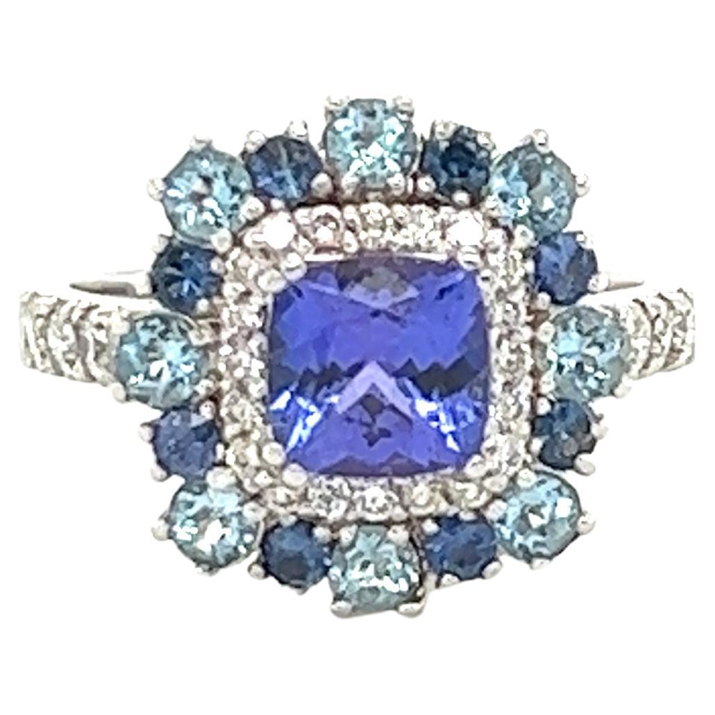 2,52 Karat Tansanit Aquamarin Blauer Saphir Diamant 14 Karat Weißgold Ring