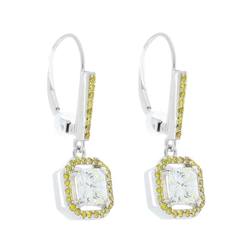 Contemporary 2.52 Carat Total Radiant White and Natural Vivid Yellow Diamond Drop Earrings