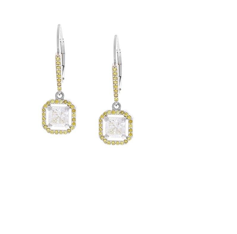 Radiant Cut 2.52 Carat Total Radiant White and Natural Vivid Yellow Diamond Drop Earrings