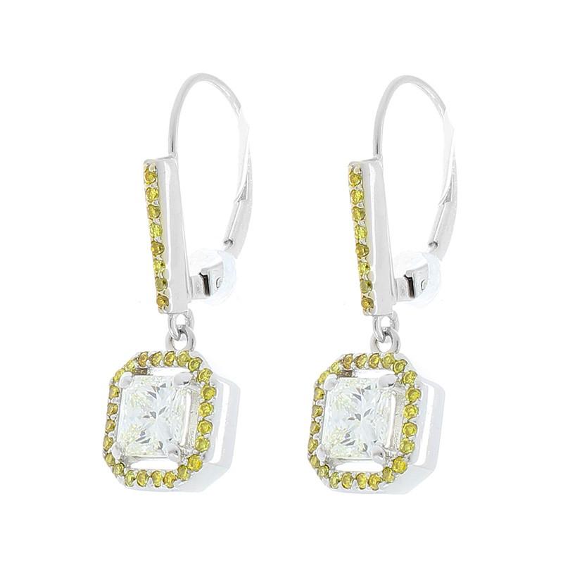 2.52 Carat Total Radiant White and Natural Vivid Yellow Diamond Drop Earrings In New Condition In Chicago, IL