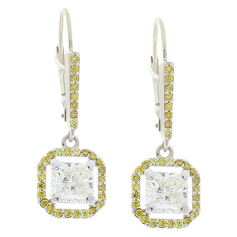 2.52 Carat Total Radiant White and Natural Vivid Yellow Diamond Drop Earrings