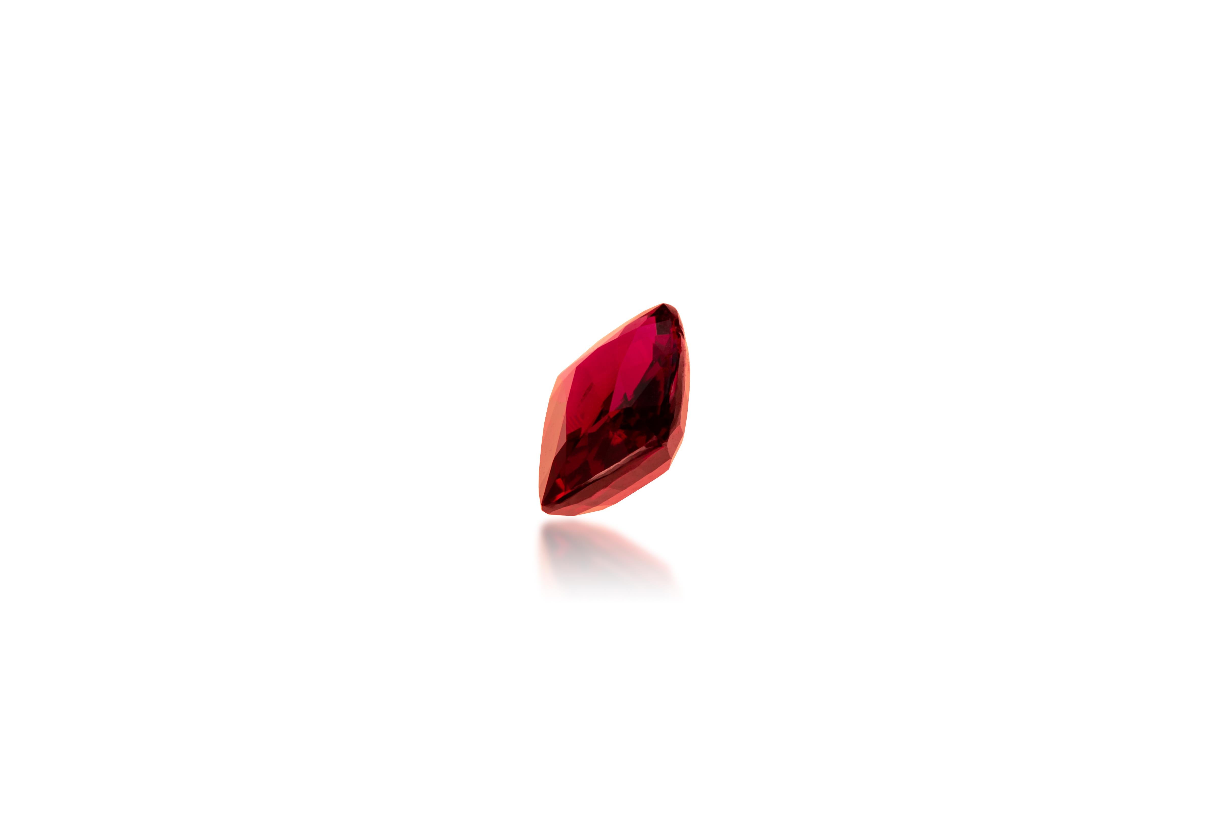 Sapphire: Vivid Red Ruby
Origin: Mozambique
Shape: Rectangular Cushion
Carat Weight: 2.52 cts
Dimensions: 9.16 x 6.64 x 3.77 mm

This beautiful Natural Vivid Red Ruby has a natural red color and is unheated.
It is clean and nicely faceted and