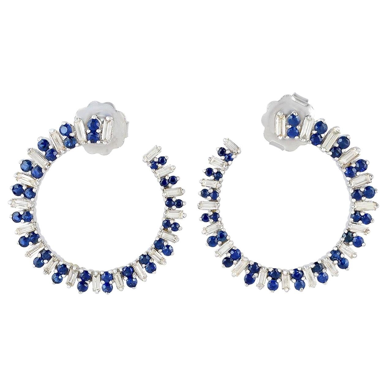 2.52 Carat Sapphire Diamond 18 Karat White Gold Spiral Hoop Earrings For Sale
