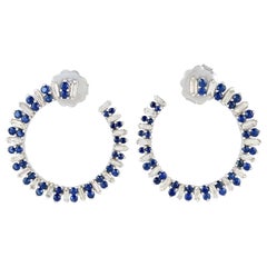 2.52 Carat Sapphire Diamond 14 Karat White Gold Spiral Hoop Earrings