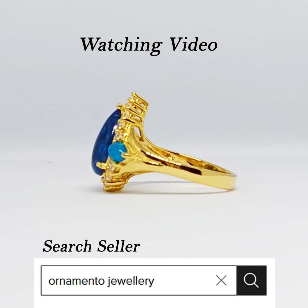 Art Nouveau 2.52 cts Black Opal ring . Sterling Silver on 18K Gold Plated For Sale