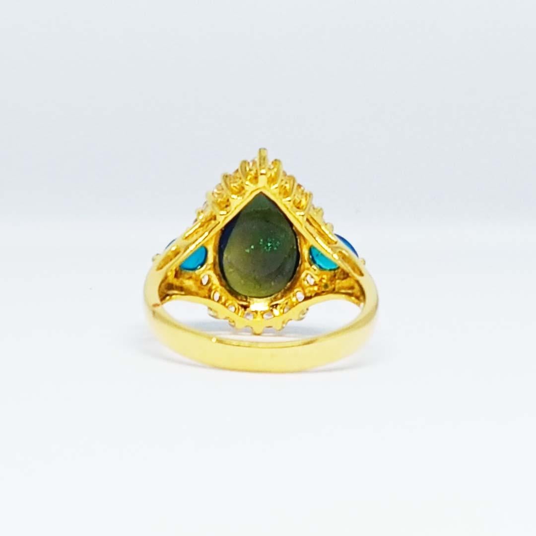 Cabochon 2.52 cts Black Opal ring . Sterling Silver on 18K Gold Plated For Sale