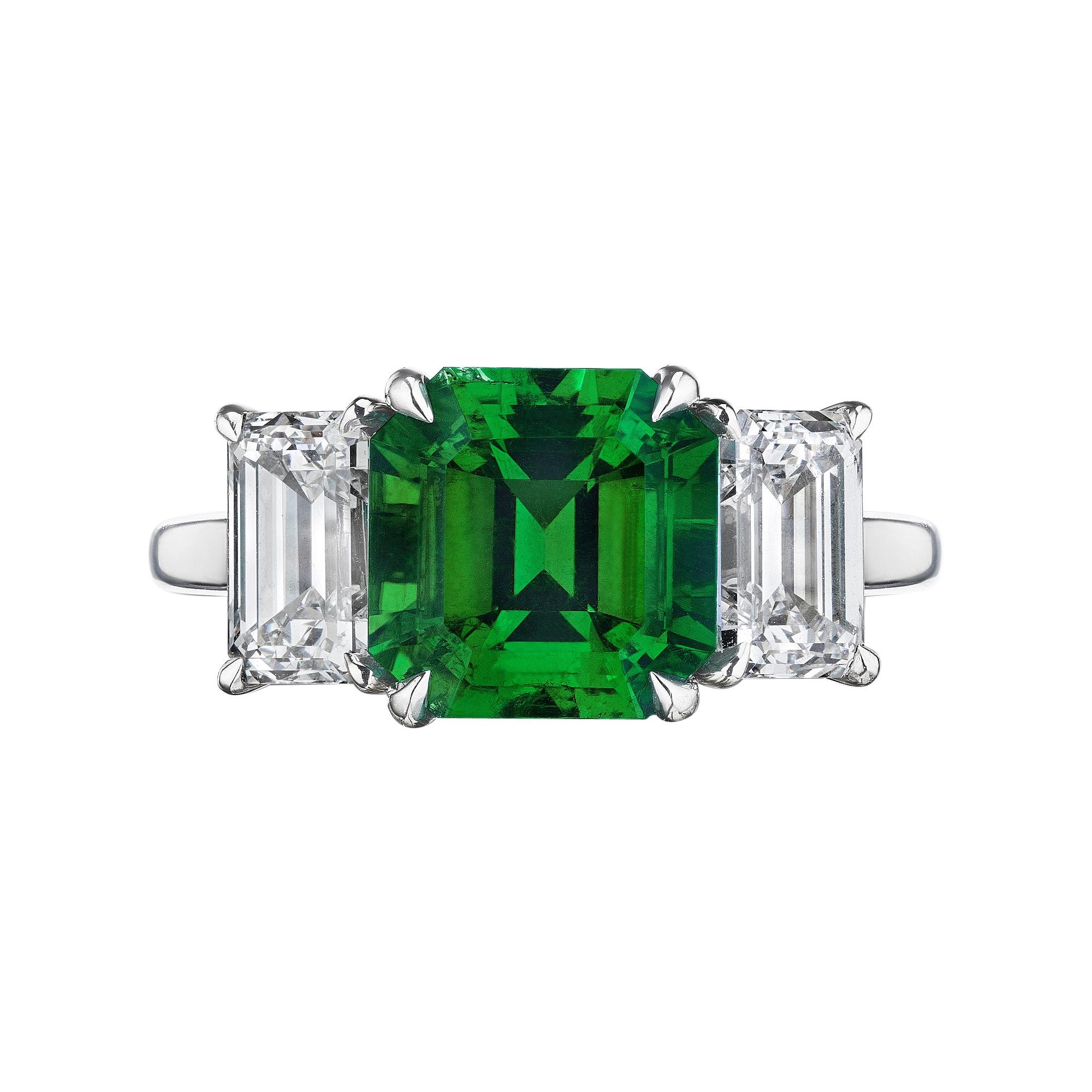 2.52 Natural Colombian Square Cut Emerald Diamond Platinum Ring For Sale