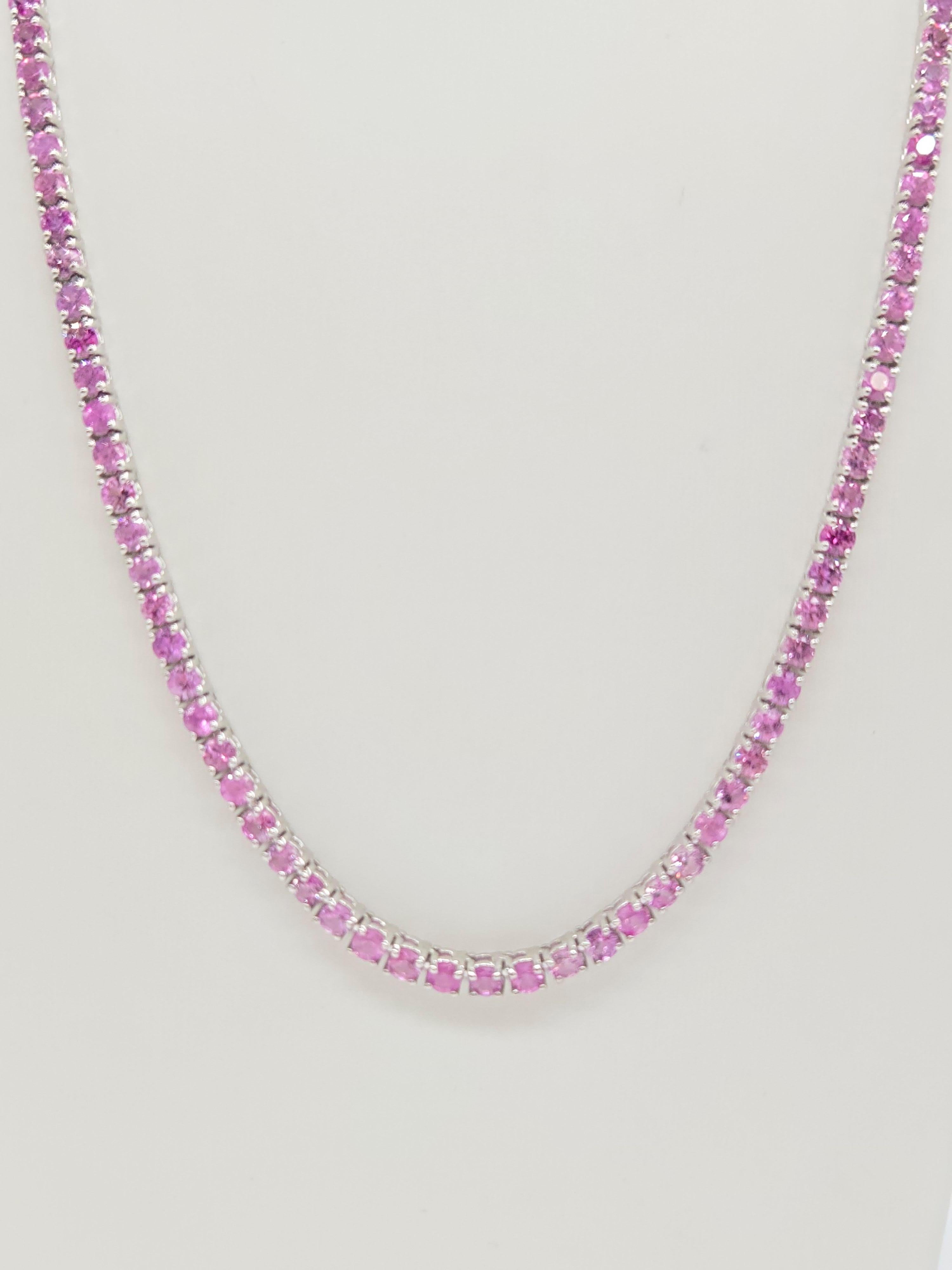Collar de tenis de zafiro rosa natural de 25,20 quilates en oro blanco de 14 quilates Corte redondo en venta