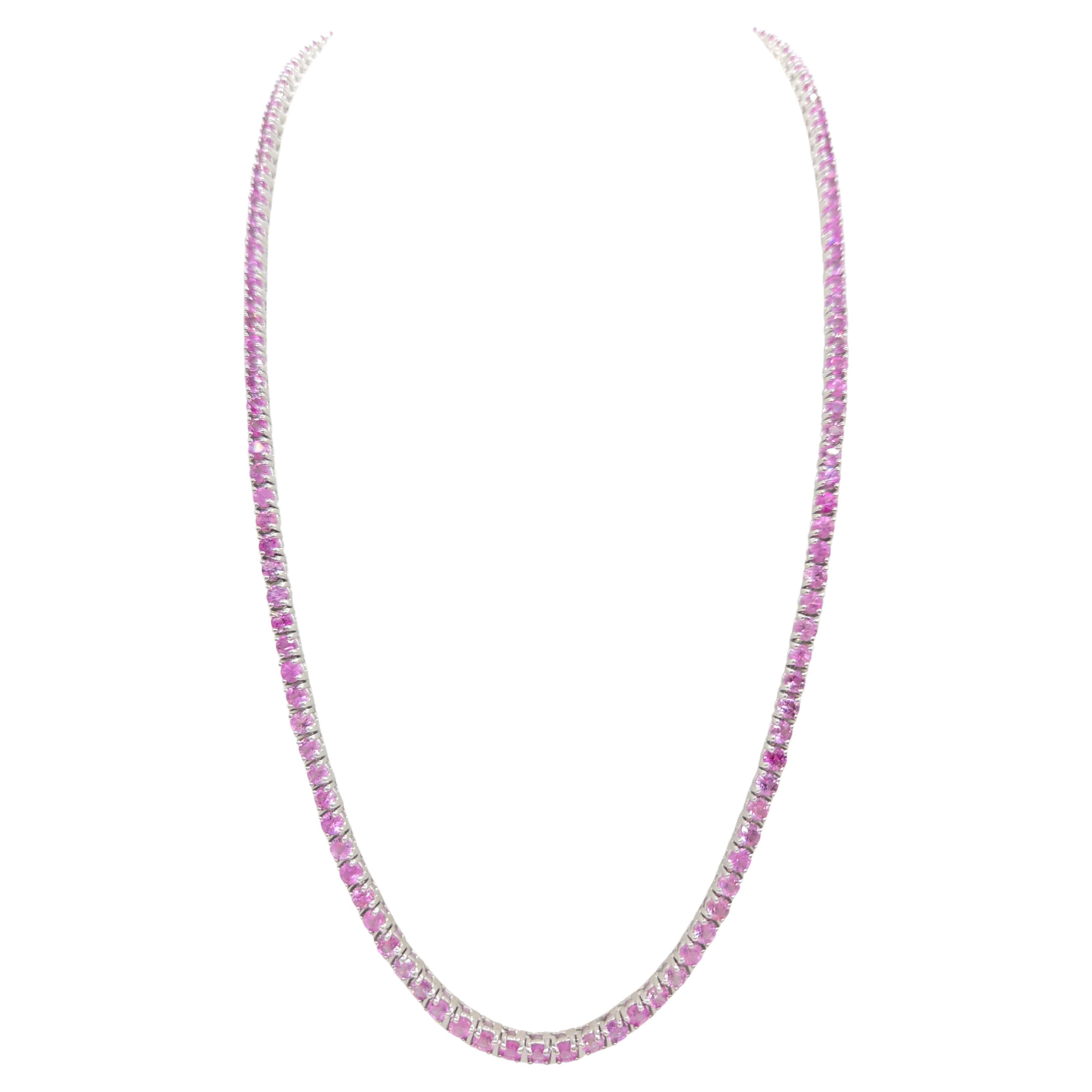 Collar de tenis de zafiro rosa natural de 25,20 quilates en oro blanco de 14 quilates en venta
