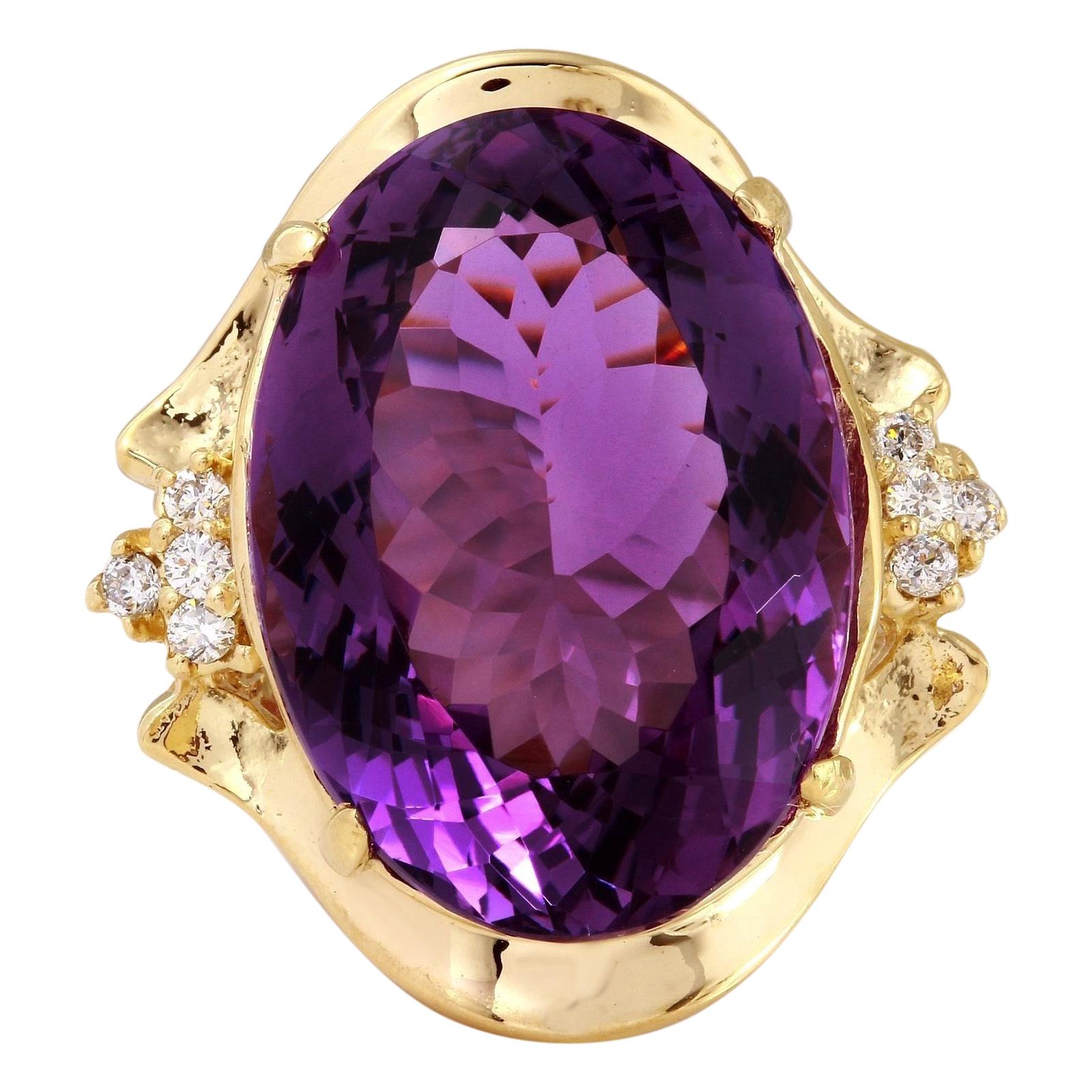 25.25 Carat Natural Amethyst and Diamond 14 Karat Solid Yellow Gold Ring For Sale