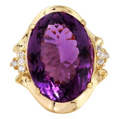 25.25 Carat Natural Amethyst and Diamond 14 Karat Solid Yellow Gold Ring