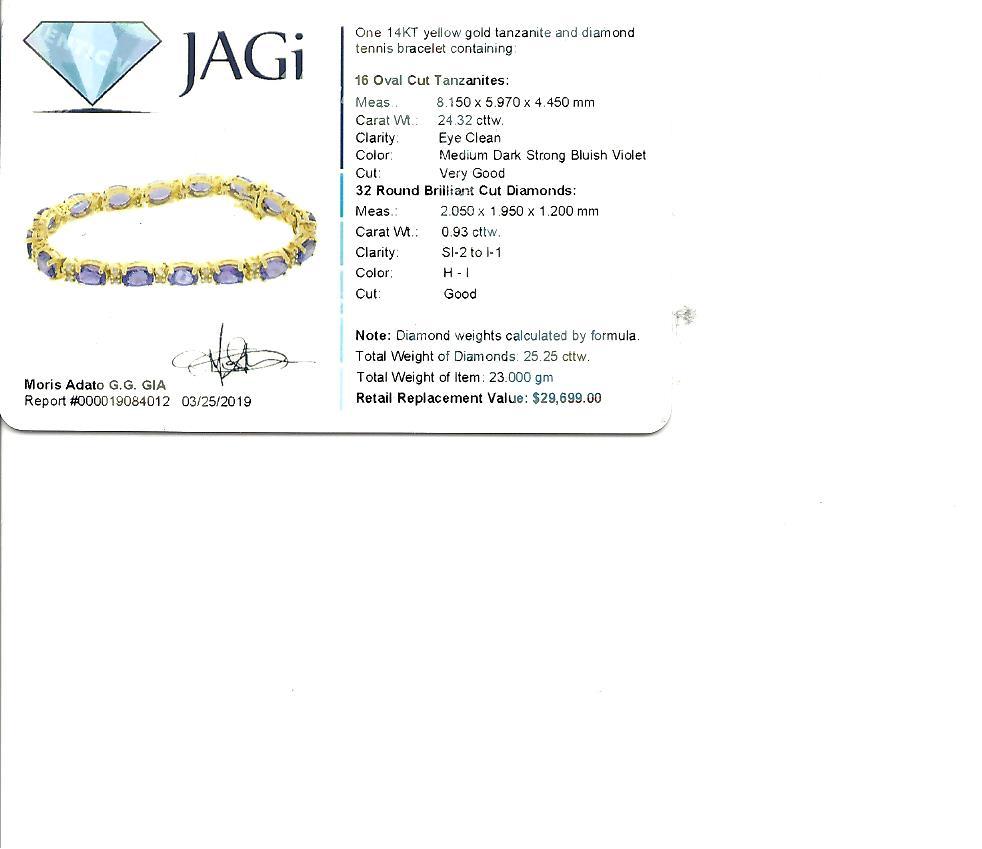 25.25 Carats Tanzanite and Diamond Tennis Line Bracelet 14 Karat Yellow Gold For Sale 3
