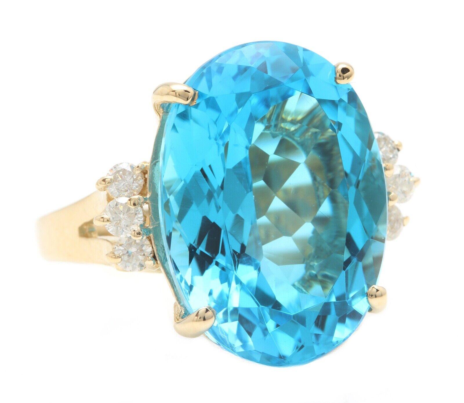 25.25 Carats Impressive Natural Swiss Blue Topaz and Diamond 14K Solid Yellow Gold Ring

Suggested Replacement Value: Approx. $5,500.00

Total Topaz Weight is: Approx. 25.00 Carats

Topaz Treatment: Heating

Topaz Measures: Approx. 22.00 x