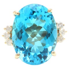 Impressionnante topaze bleue suisse naturelle de 25,25 carats et diamants en or jaune massif de 14 carats