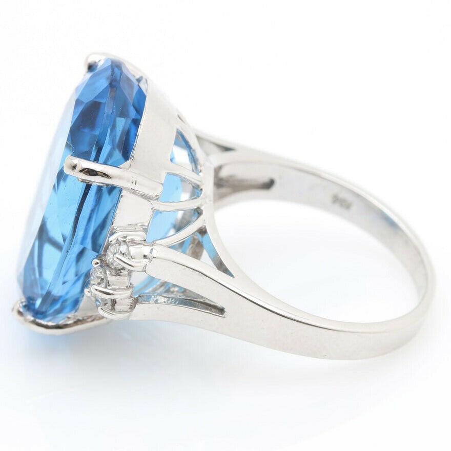 Mixed Cut 25.25 Ct Impressive Natural Swiss Blue Topaz & Diamond 14K Solid White Gold Ring For Sale