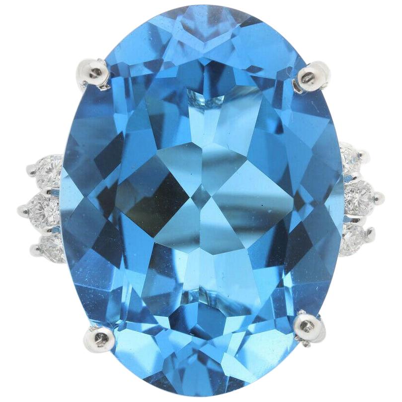 25.25 Ct Impressive Natural Swiss Blue Topaz & Diamond 14K Solid White Gold Ring