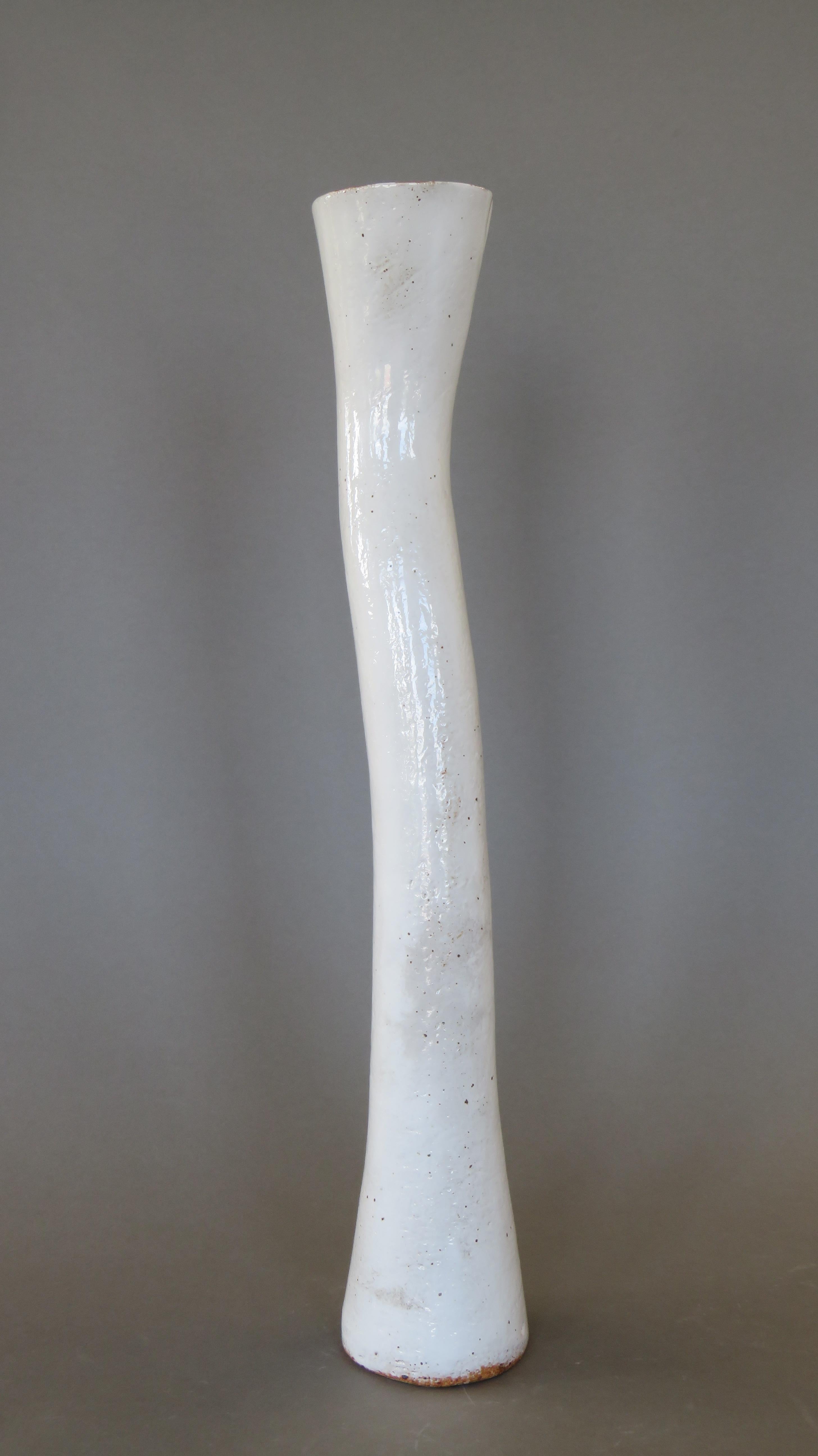 American Undulating Handbuilt Ceramic Vase, in White Split-Glaze, 25.25 Inches Tall
