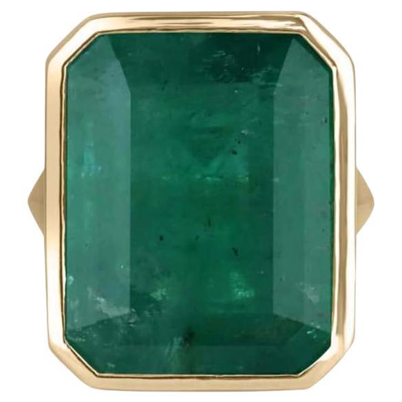 25.25ct 18K Huge Emerald Solitaire Ring - Bezel Set Dark Green Unisex 750 Gold For Sale