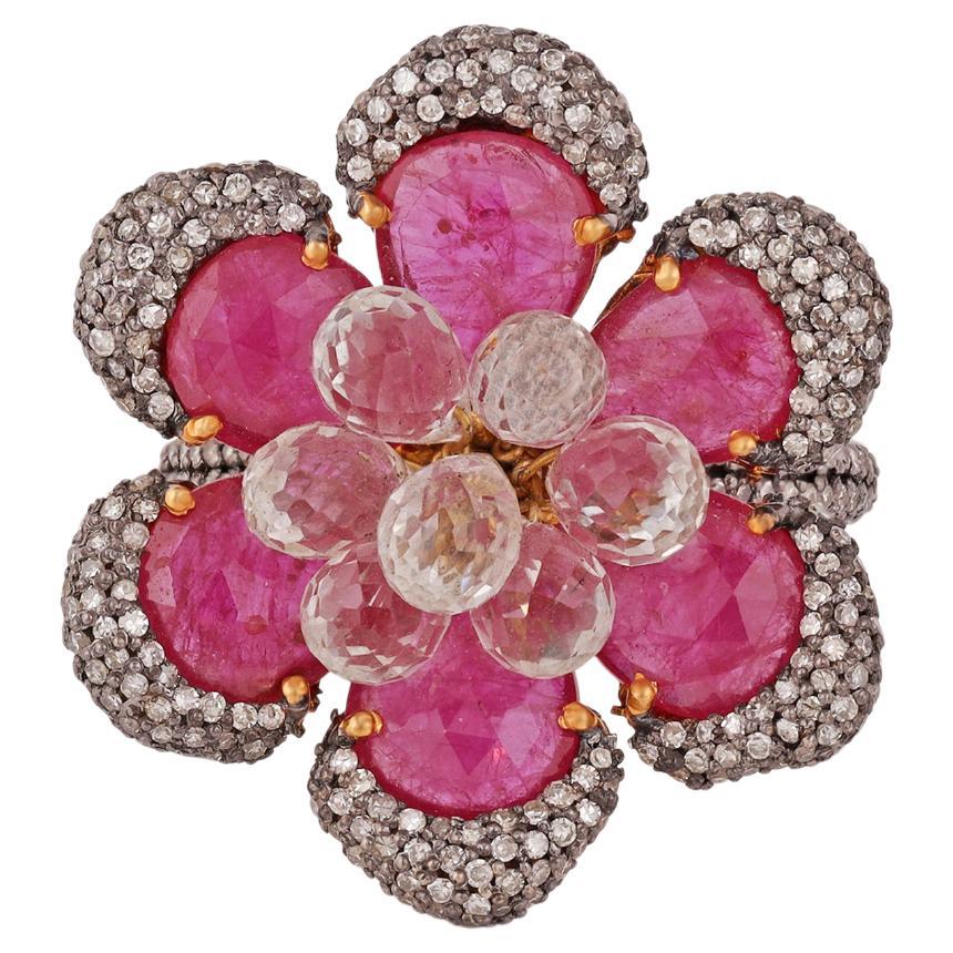 Floral Design Ruby & White Sapphire Ring in Victorian Style For Sale