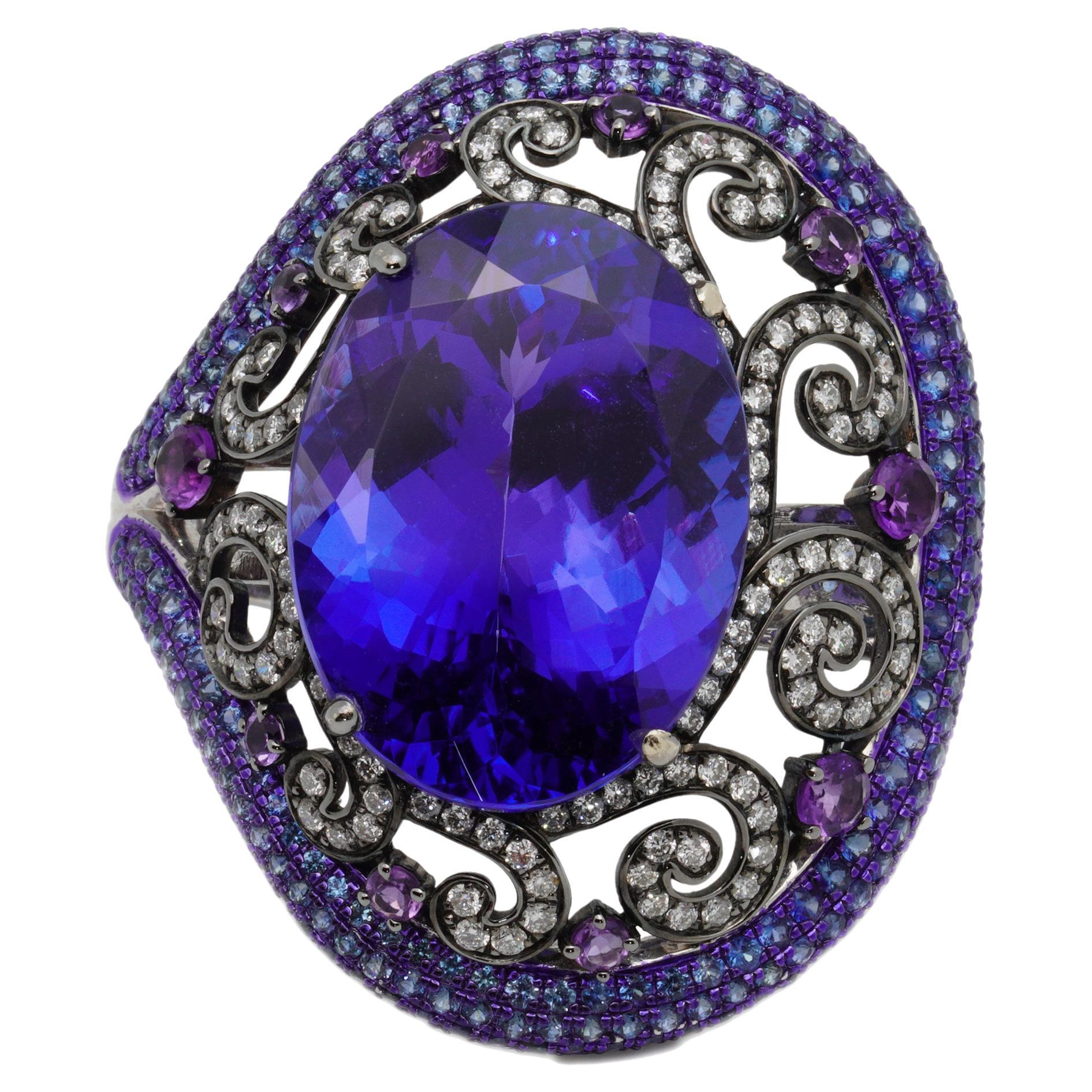 25.29cts Tanzanite & Diamond, Sapphire, Amethyst Ring, 18K White Gold, Austy Lee