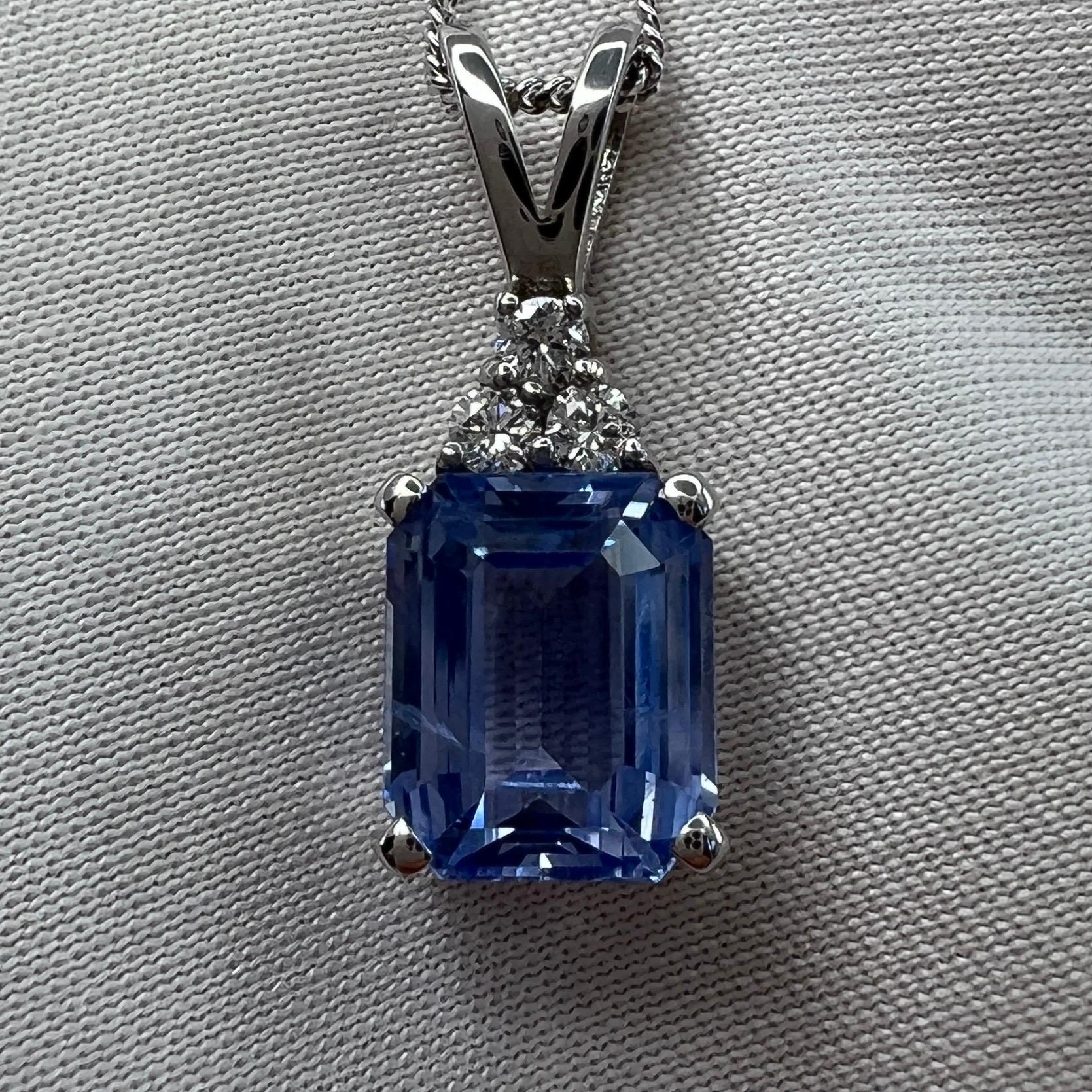 GIA Certified Untreated Vivid Blue Ceylon Sapphire & Diamond 18k White Gold Pendant Necklace.

A fine untreated 2.52 Carat emerald cut sapphire with a stunning vivid blue colour and very good clarity. A clean stone with only some very small natural