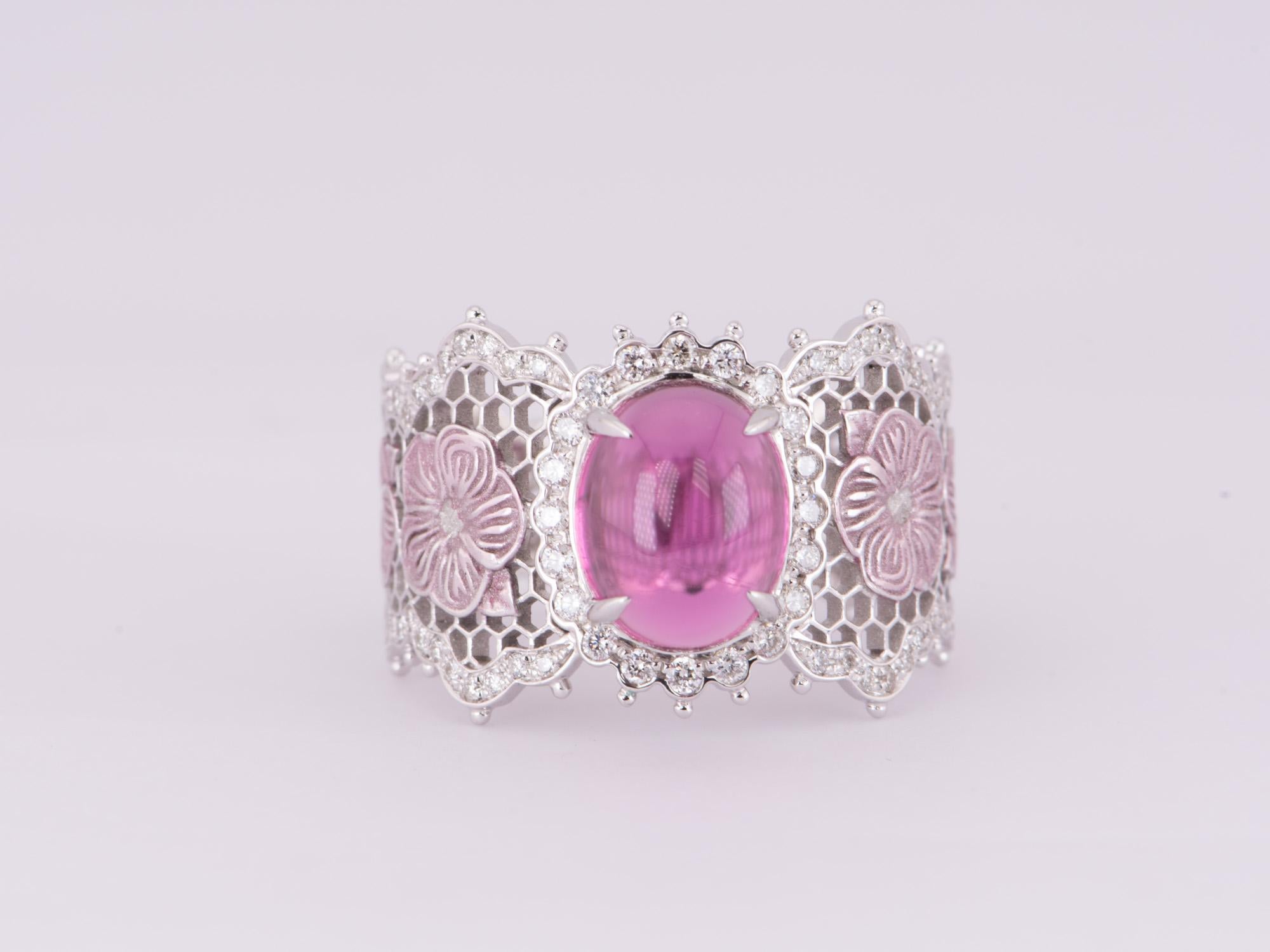 ♥ 2.52ct Rubellite Tourmaline Ring 18K White Gold Wide Band Intricate Lace and Pink Floral Design
♥ The item measures 14mm in length, 10.5mm in width, and 6mm in height.
♥ Ring size: US Size 7.75 (Free resizing up or down 1 size)
♥ Material: 18K