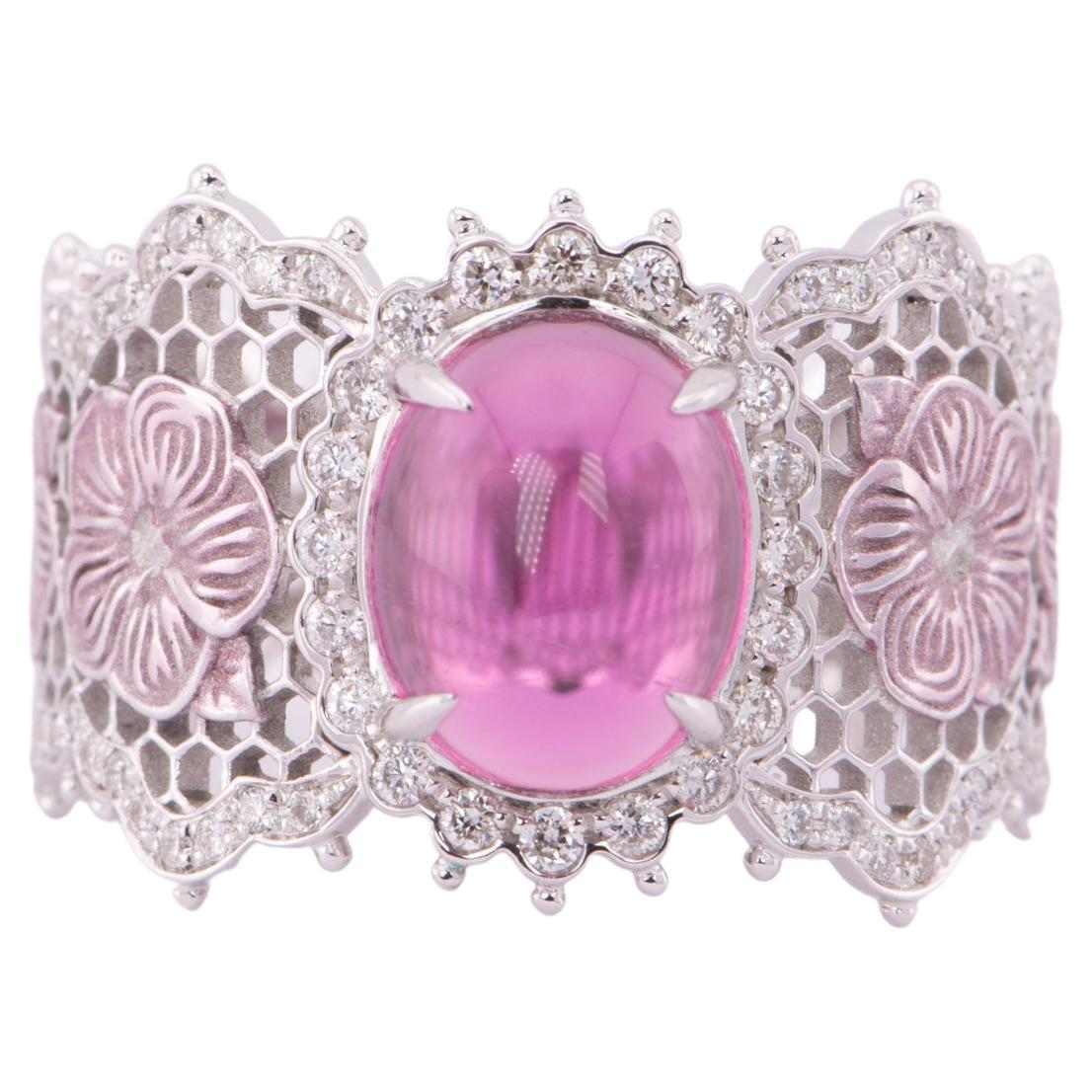 2.52ct Rubellite Tourmaline Ring 18K White Gold Wide Band Lace Floral Design For Sale
