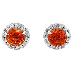 2.52ctw Orange Sapphire Stud Earrings, 0.33ctw Diamond Halo, 14k White Gold