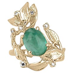 2.52tcw 14K Oval Cabochon Emerald & Diamond Floral Ring - Leaf Design 585 Gold