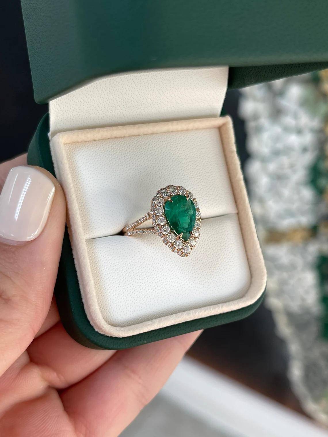 2.52tcw 18K AAA Dark Green Pear Cut Emerald & Double Diamond Halo Engagement Rin In New Condition In Jupiter, FL