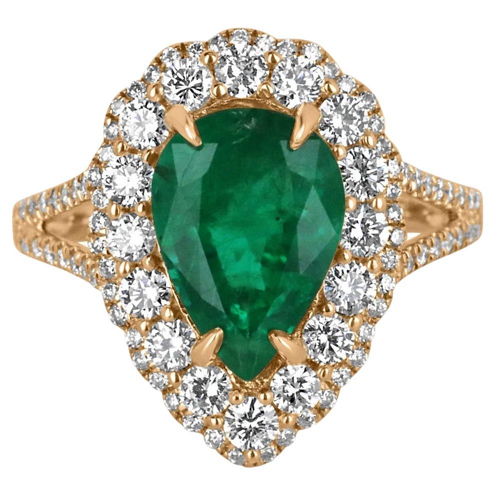 2.52tcw 18K AAA Dark Green Pear Cut Emerald & Double Diamond Halo Engagement Rin