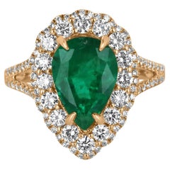 2.52tcw 18K AAA Dark Green Pear Cut Emerald & Double Diamond Halo Engagement Rin
