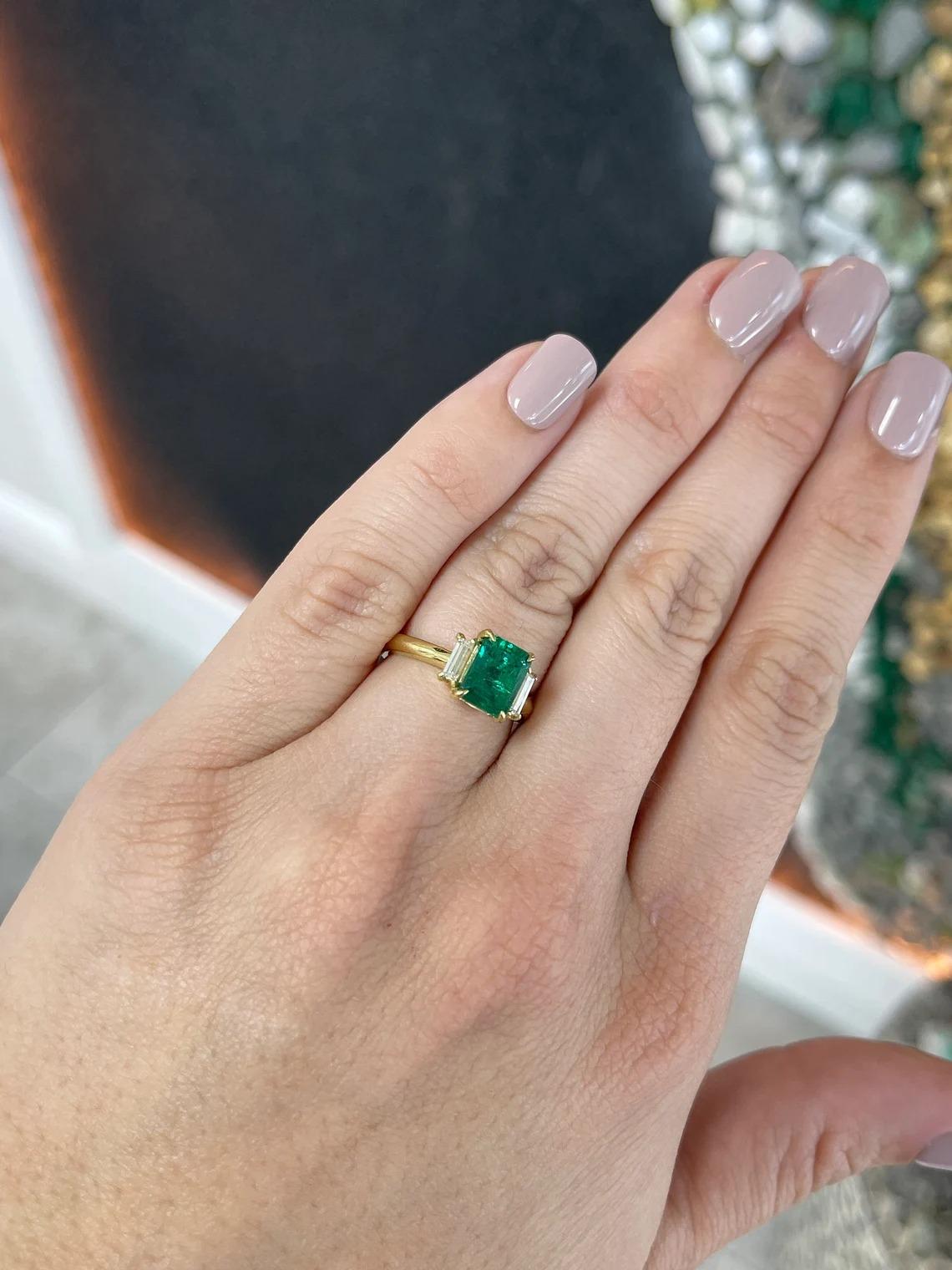 Modern 2.52tcw 18K Dark Green Emerald Cut Emerald & Baguette Diamond 3 Stone Prong Ring For Sale