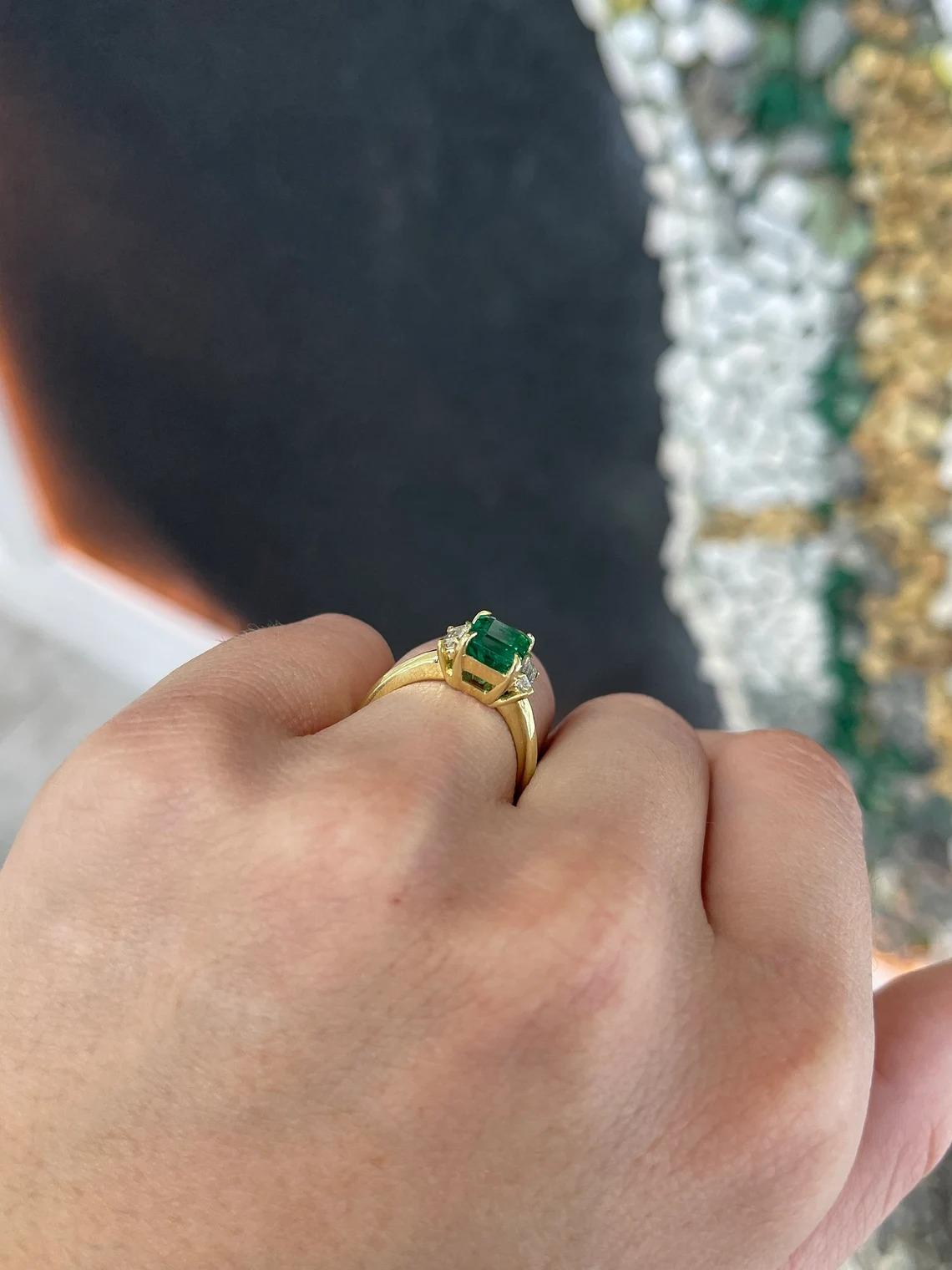 Women's 2.52tcw 18K Dark Green Emerald Cut Emerald & Baguette Diamond 3 Stone Prong Ring For Sale