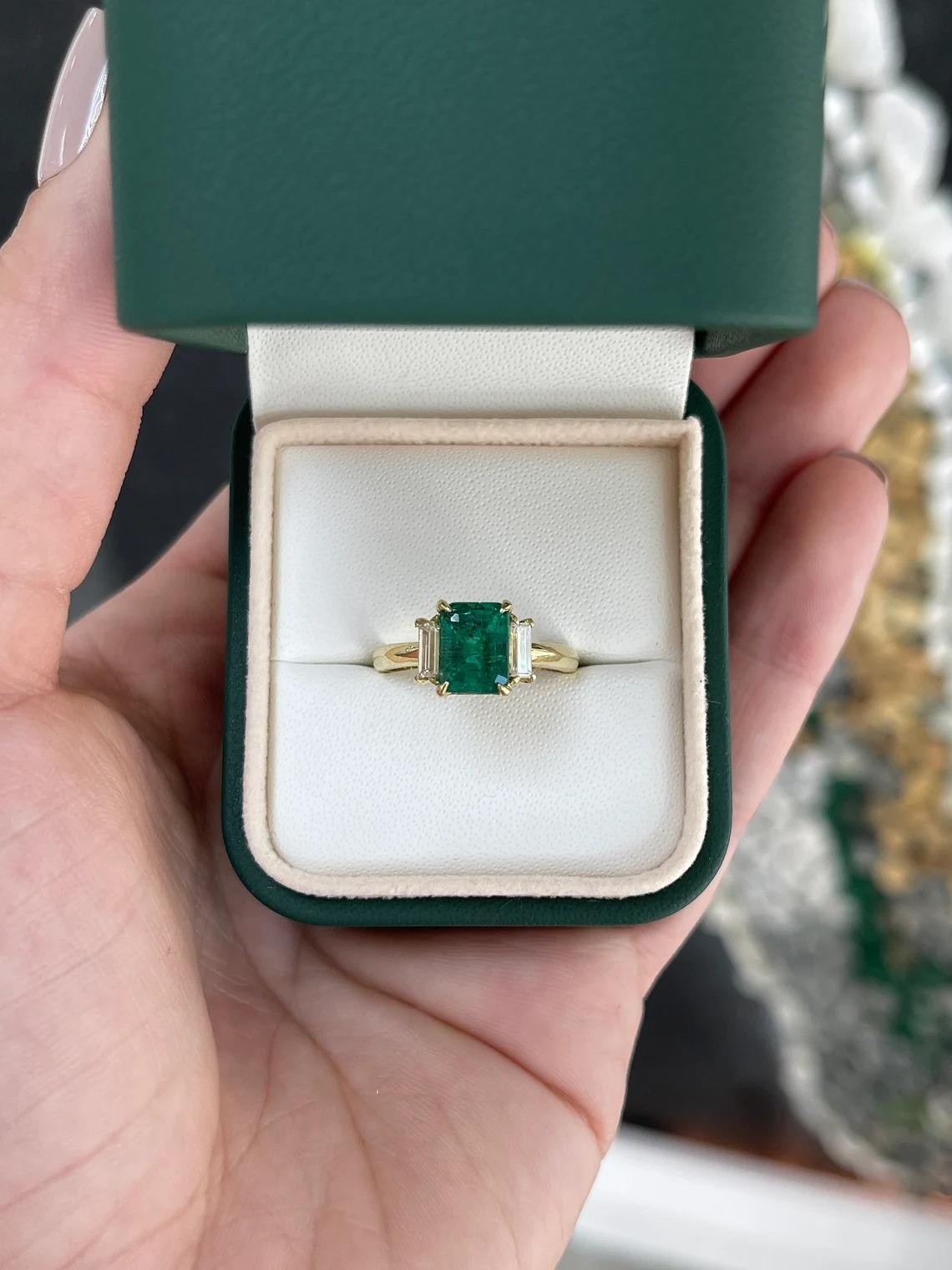 2.52tcw 18K Dark Green Emerald Cut Emerald & Baguette Diamond 3 Stone Prong Ring For Sale 1