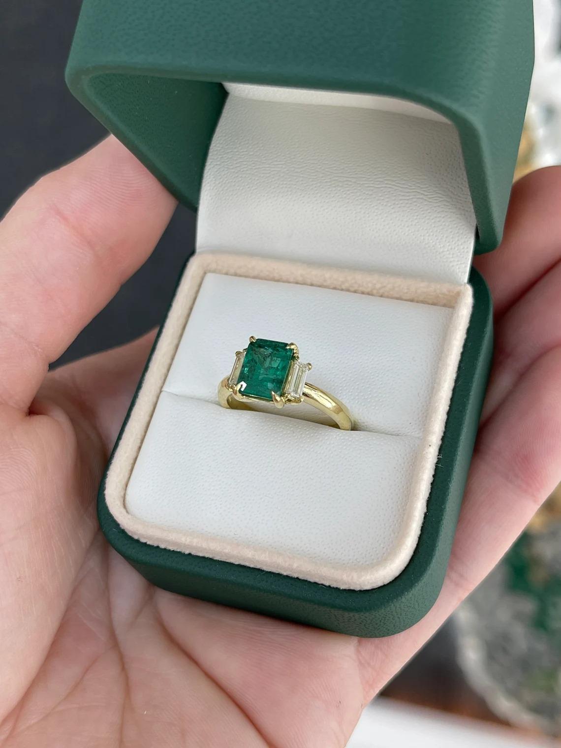 2.52tcw 18K Dark Green Emerald Cut Emerald & Baguette Diamond 3 Stone Prong Ring For Sale 3