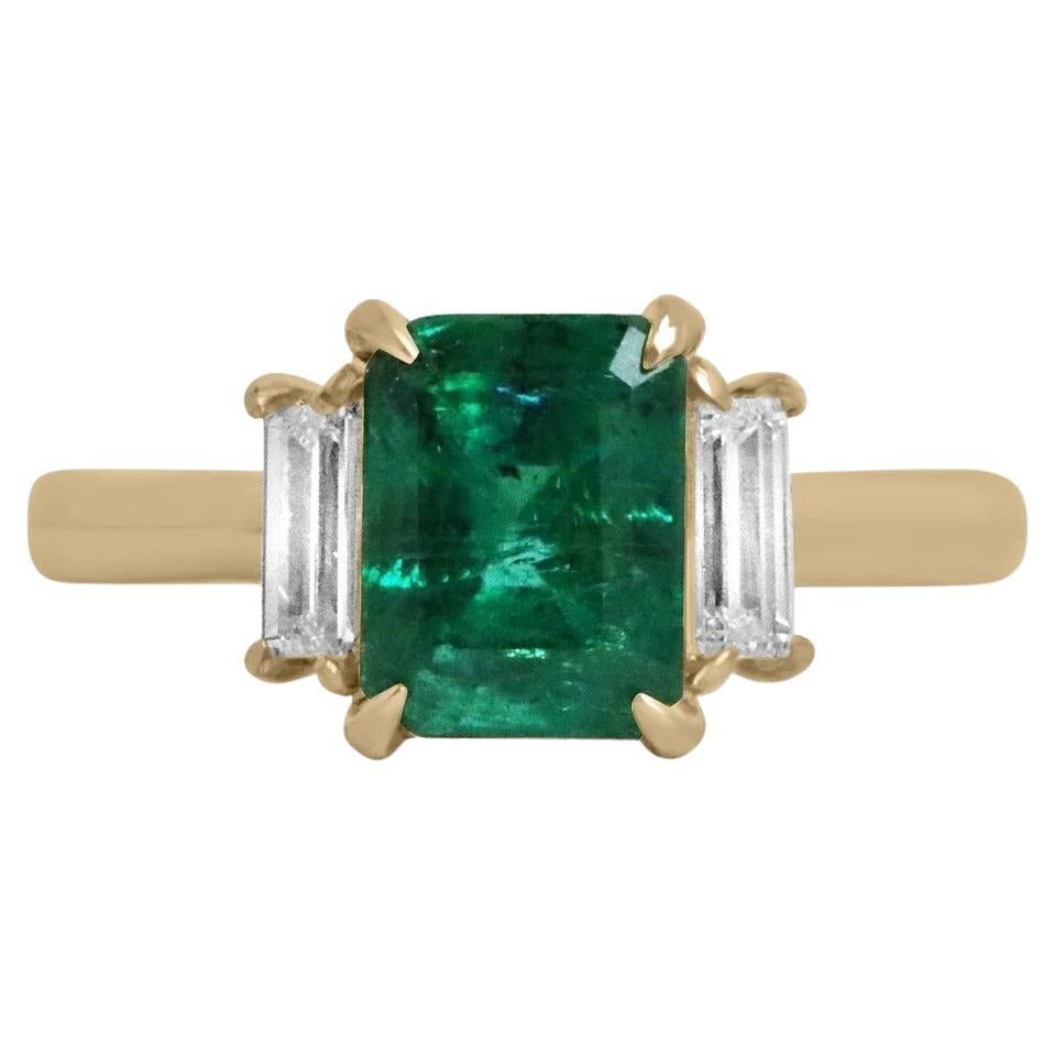2.52tcw 18K Dark Green Emerald Cut Emerald & Baguette Diamond 3 Stone Prong Ring For Sale