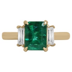 2.52tcw 18K Dark Green Emerald Cut Emerald & Baguette Diamond 3 Stone Prong Ring