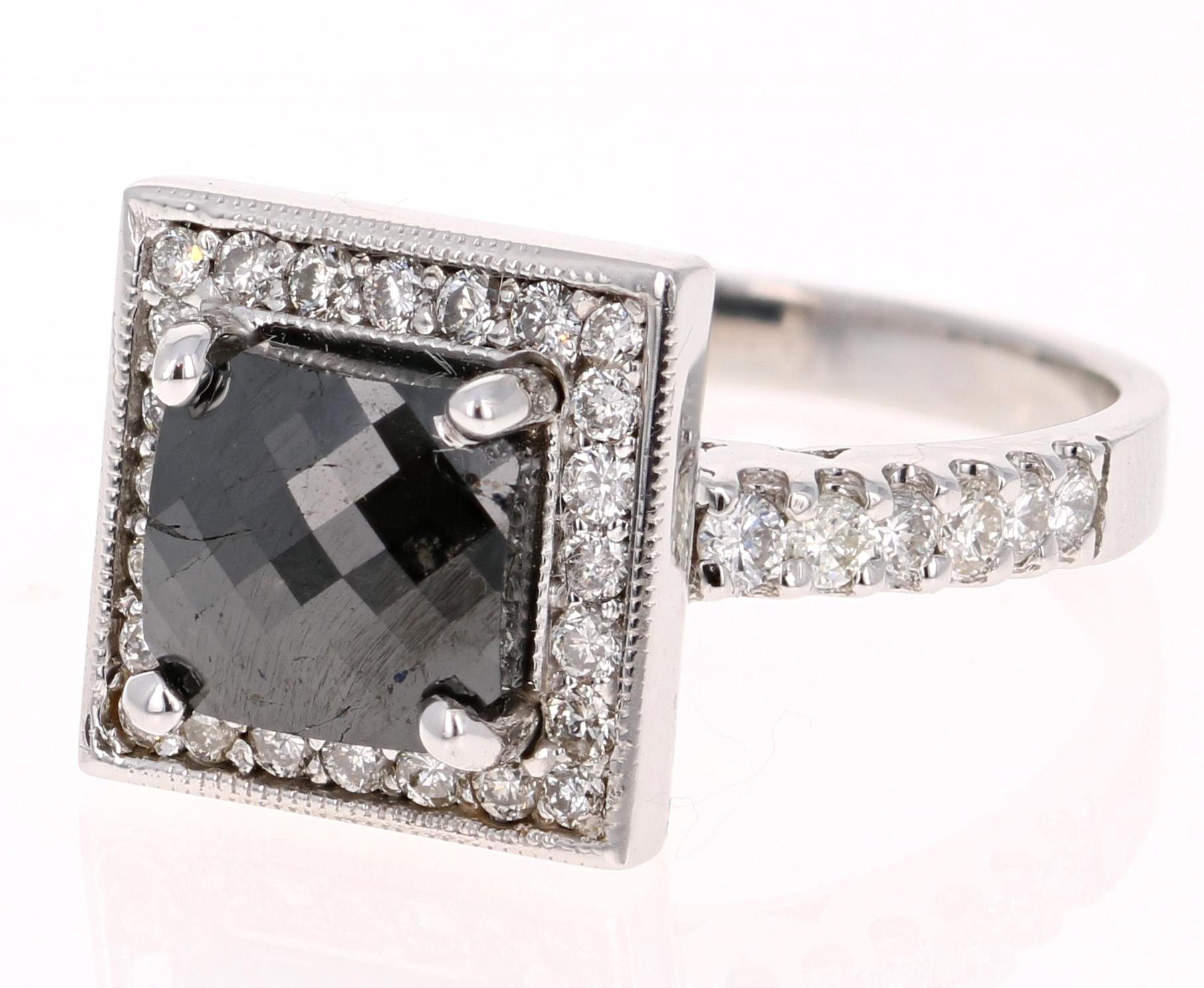 2,53 Karat Schwarzer Diamant im Kissenschliff Weißgold Brautring 14 Karat Weißgold (Zeitgenössisch) im Angebot