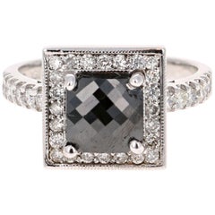 2.53 Carat Cushion Cut Black Diamond White Gold Bridal Ring 14 Karat White Gold