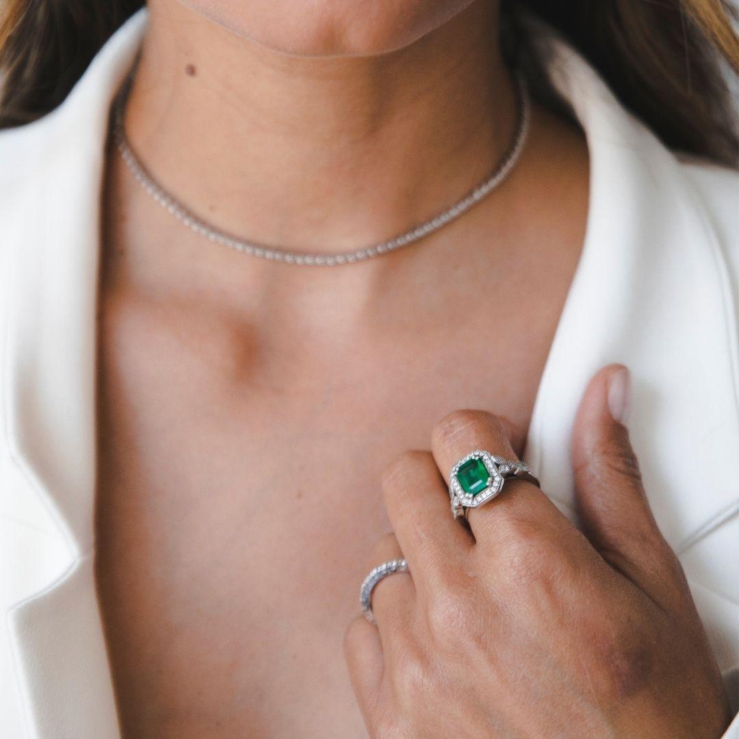Art Deco 2.53 Carat Emerald & Diamond Ring in 14 Karat White Gold, Shlomit Rogel For Sale