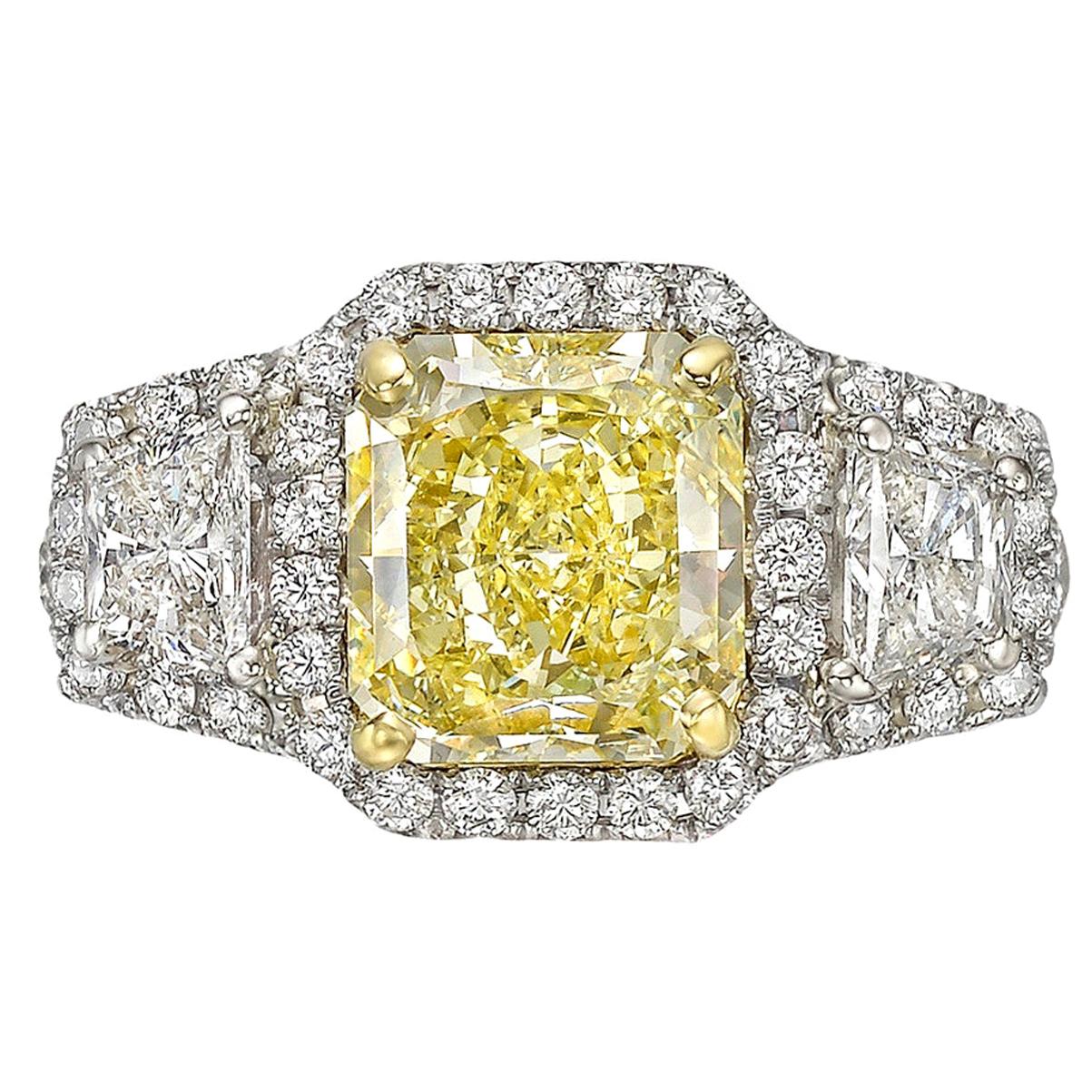 2.53 Carat Fancy Yellow Diamond Halo Ring 'VS2' For Sale