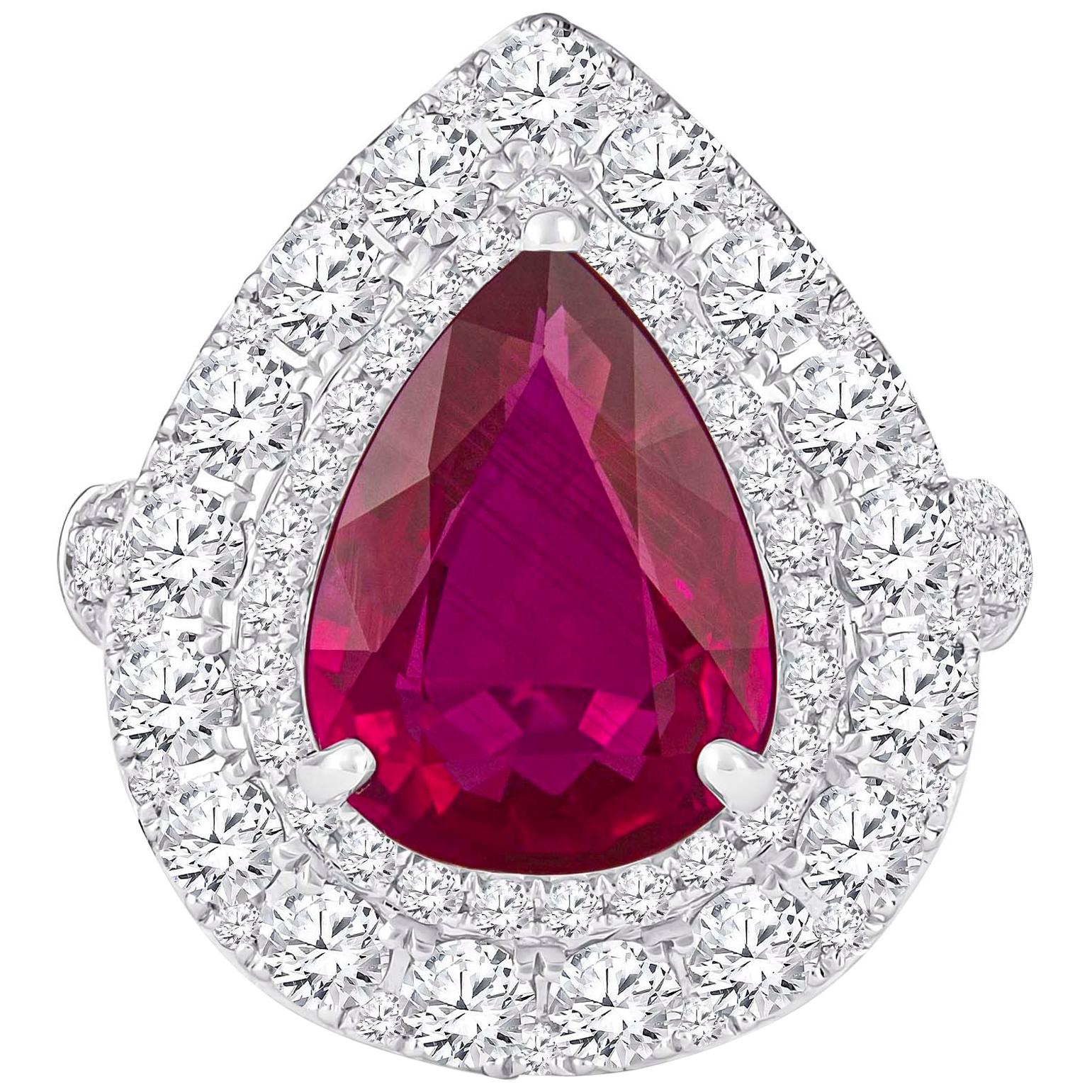 2.53 Carat Mozambique Pear Shape Natural Ruby 'GIA' and Diamond Pear Halo Ring
