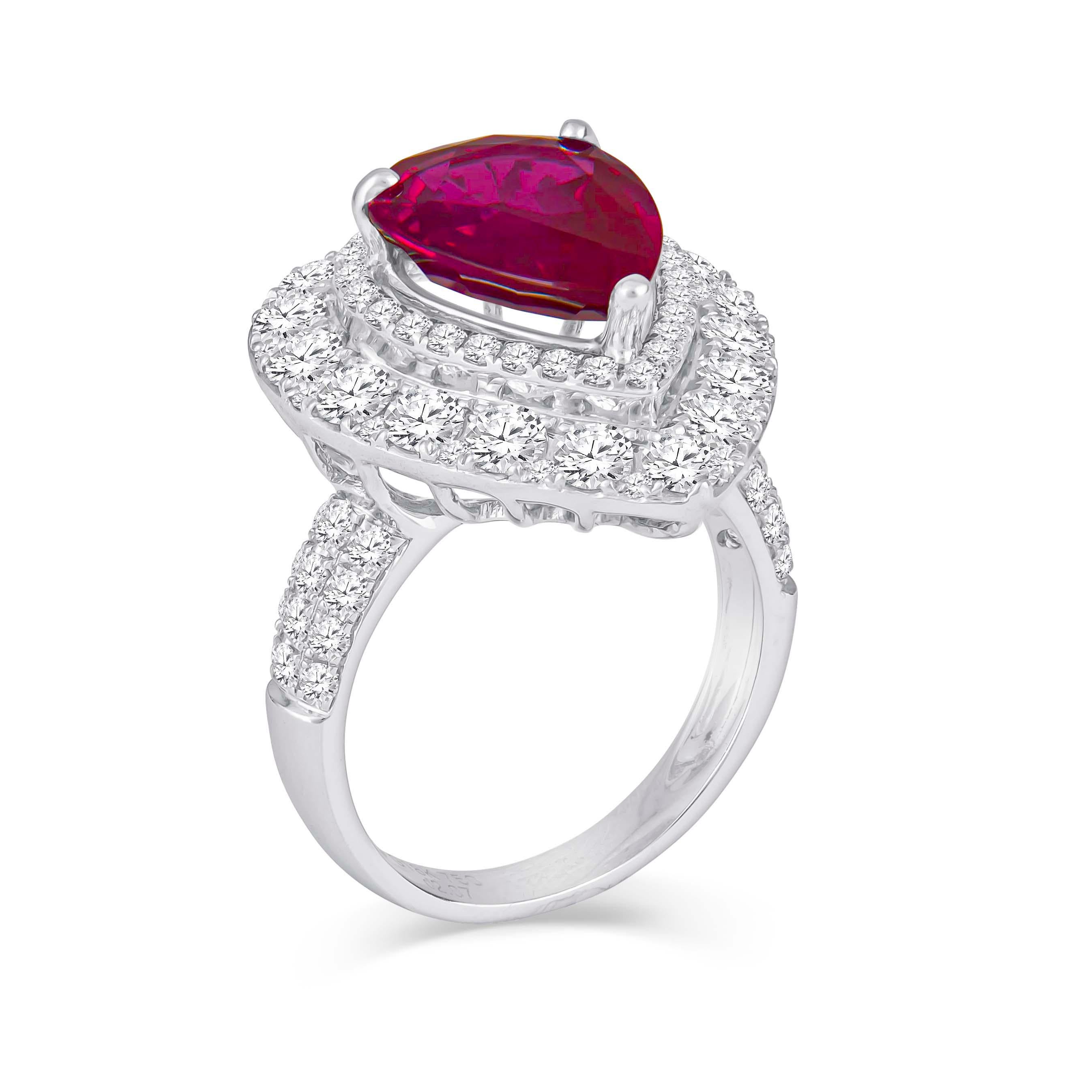 Pear Cut 2.53 Carat Mozambique Pear Shape Natural Ruby 'GIA' and Diamond Pear Halo Ring