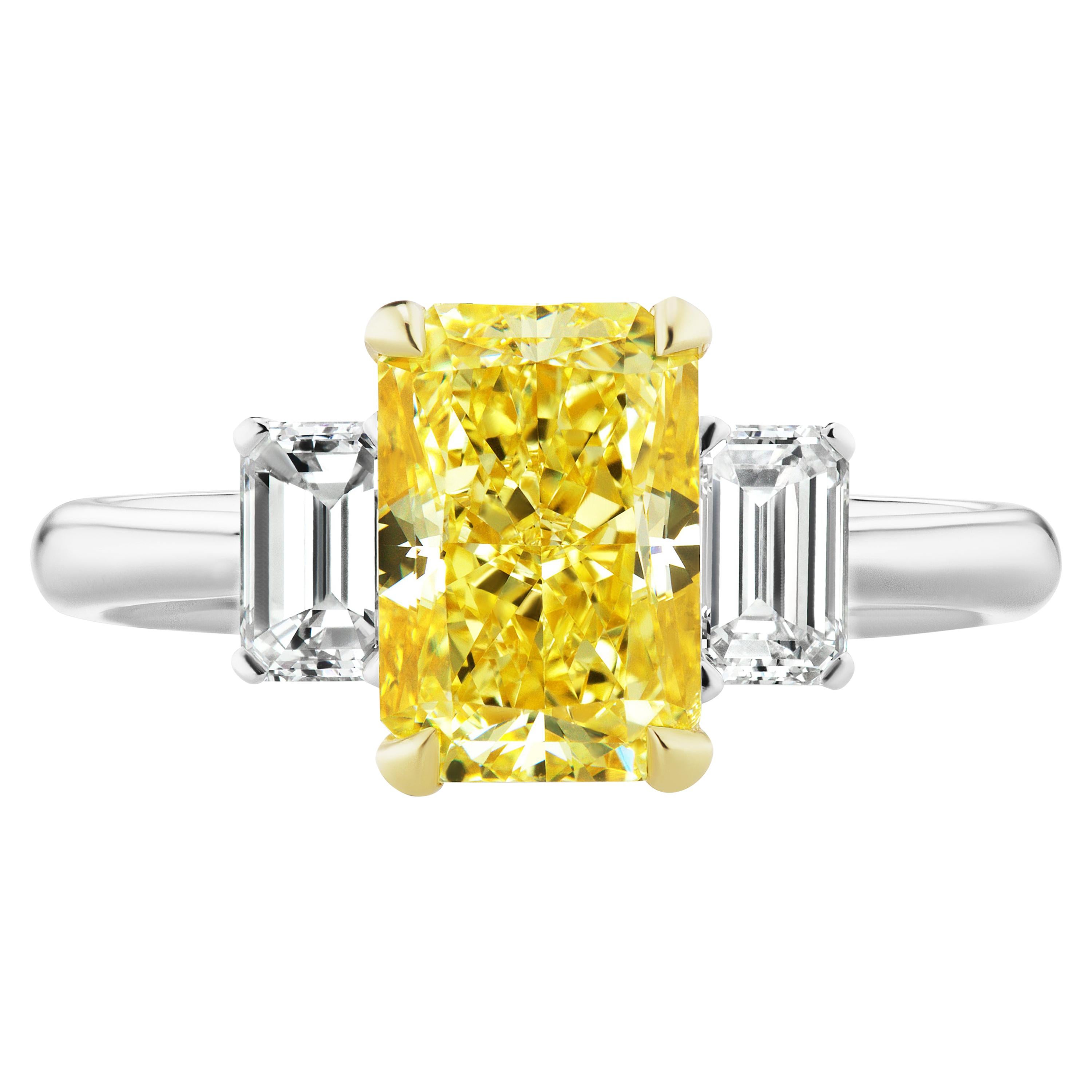 2.53 Carat Natural Fancy Yellow Radiant Cut Diamond Cocktail Ring For Sale