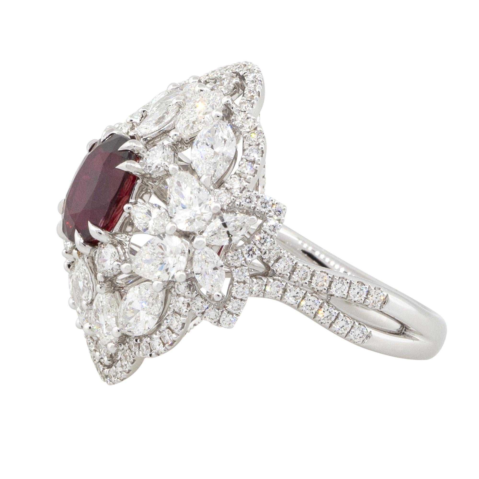 Material: 18k White Gold
Gemstone details: 2.53ct Oval Ruby center gemstones. Natural Ruby Vivid Red. No heat treatment. Origin: Mozambique. GRS: 2016-039408
Diamond details: Approx. 1.00ctw of round cut diamonds. Diamonds are G/H in color and VS in