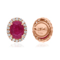 2.53 Ct Oval Cut Ruby Gemstone Stud Earrings 0.37 Ct SI/Hi Diamond 14K Rose Gold